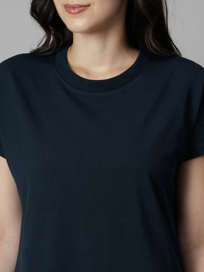 Women's Navy Cotton Elastane Regular Fit Knit Dress