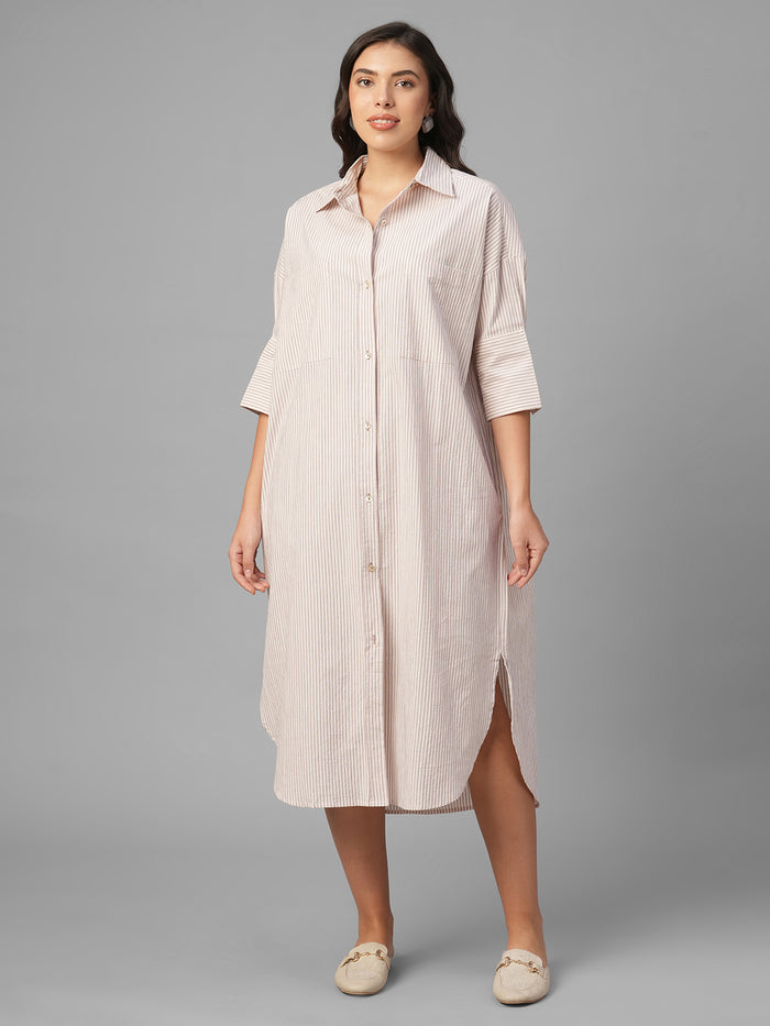 Women's Off White / Wine Cotton Lycra Boxy Fit Dress
