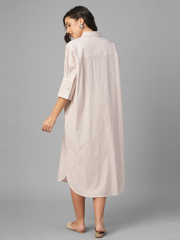 Women's Off White / Wine Cotton Lycra Boxy Fit Dress