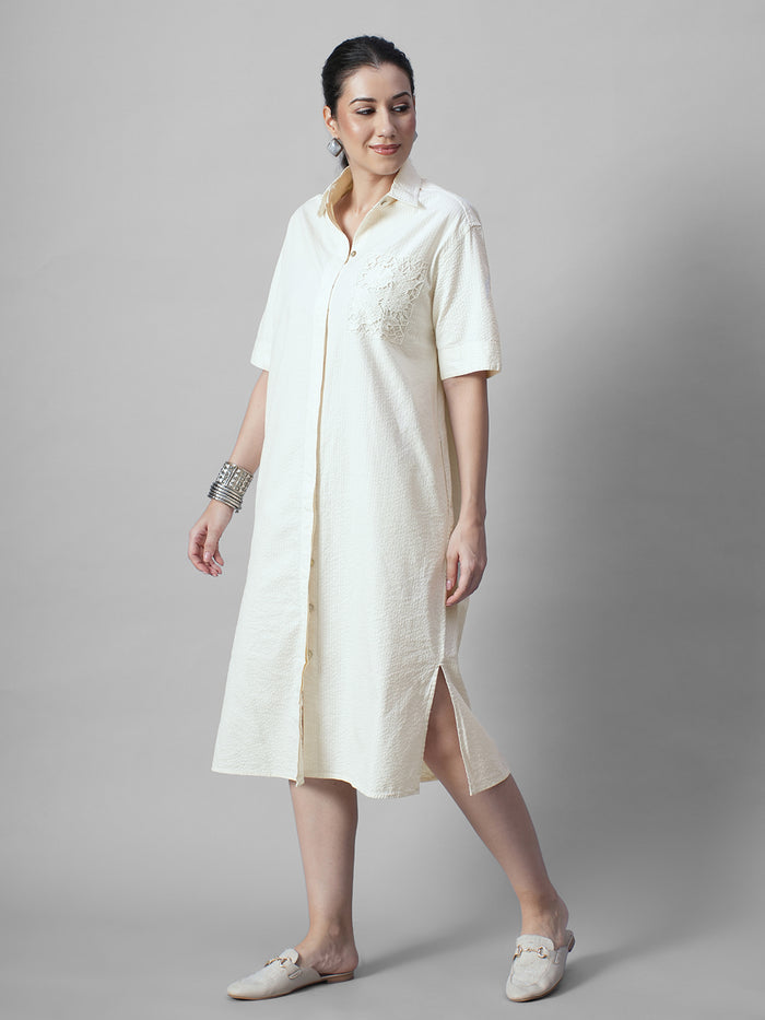 Women's Offwhite 100% Cotton Regular Fit Dress