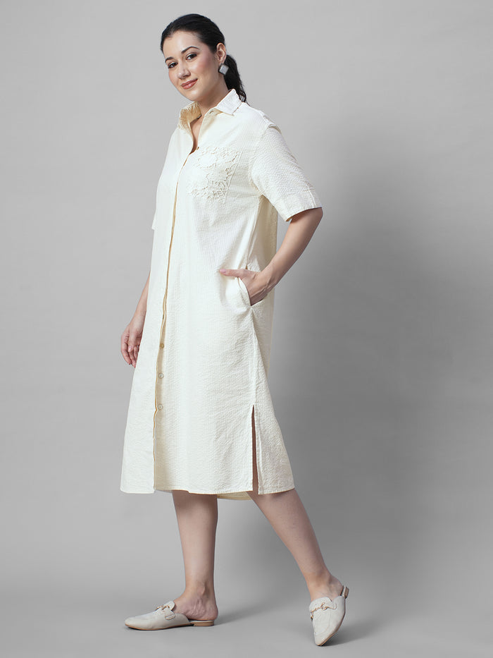 Women's Offwhite 100% Cotton Regular Fit Dress