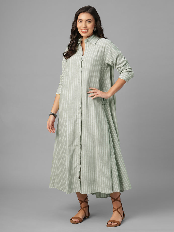 Women's Olive Linen Cotton Regular Fit Dress