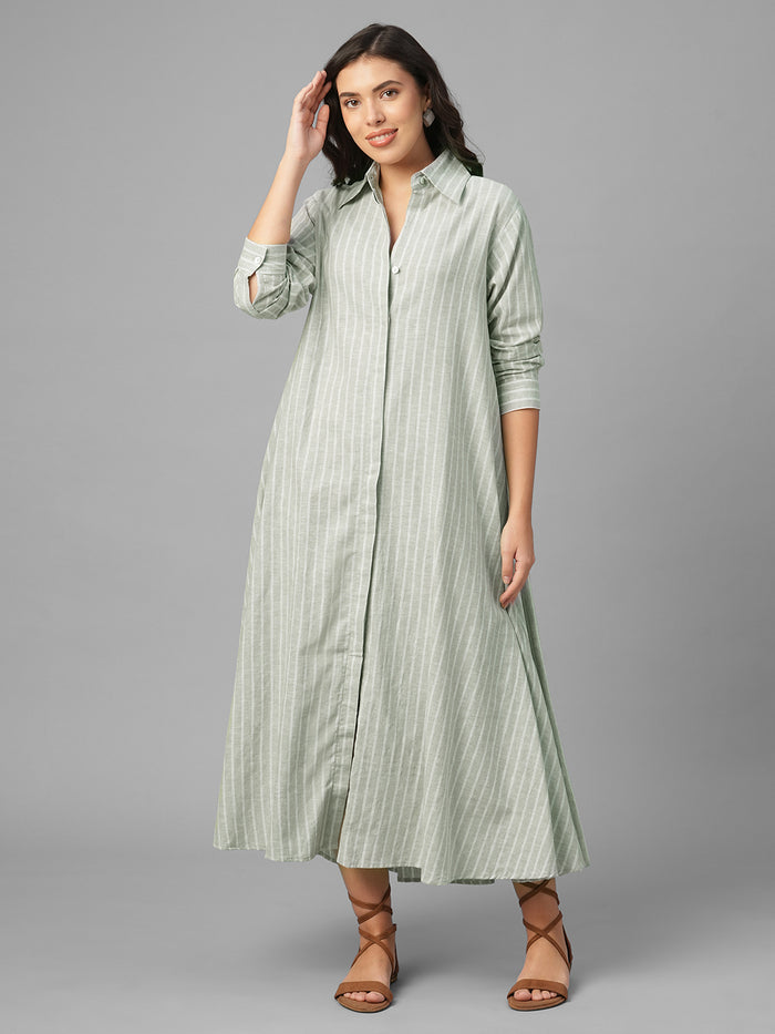 Women's Olive Linen Cotton Regular Fit Dress