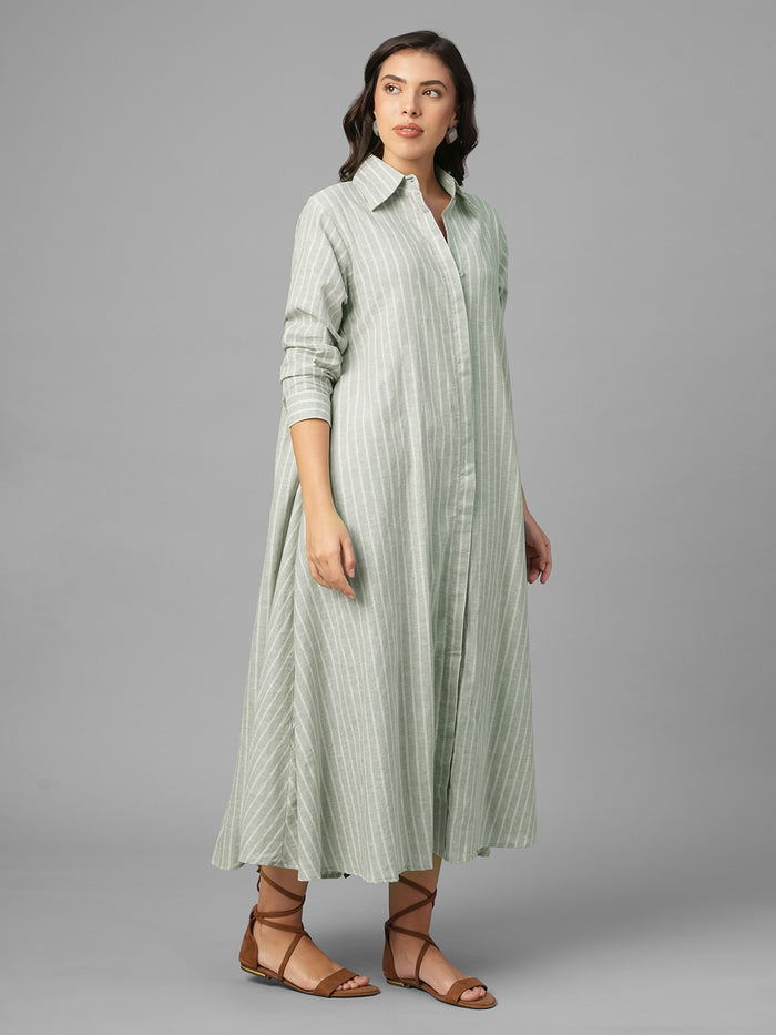 Women's Olive Linen Cotton Regular Fit Dress
