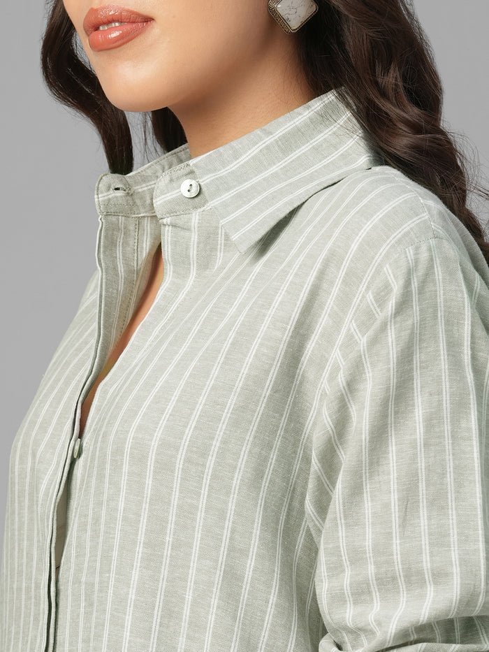 Women's Olive Linen Cotton Regular Fit Dress