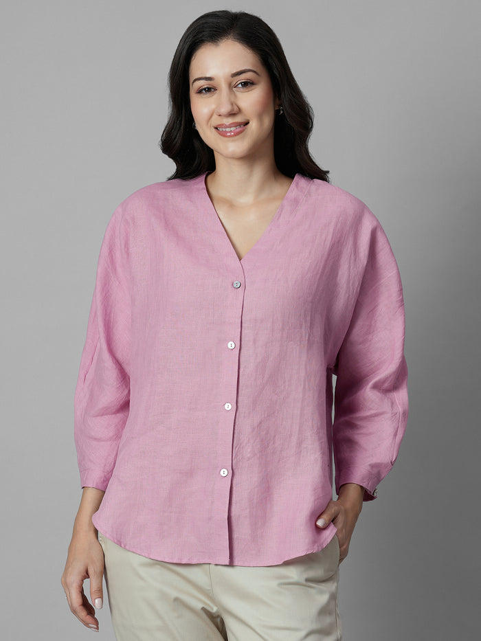Women's Pink 100% Linen Regular Fit Blouse