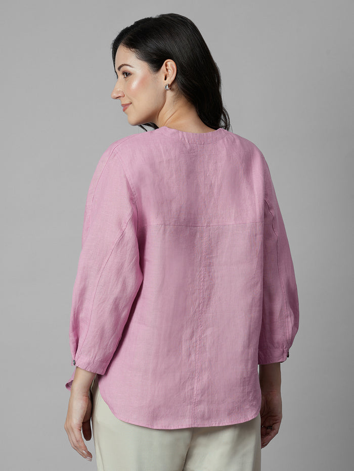 Women's Pink 100% Linen Regular Fit Blouse