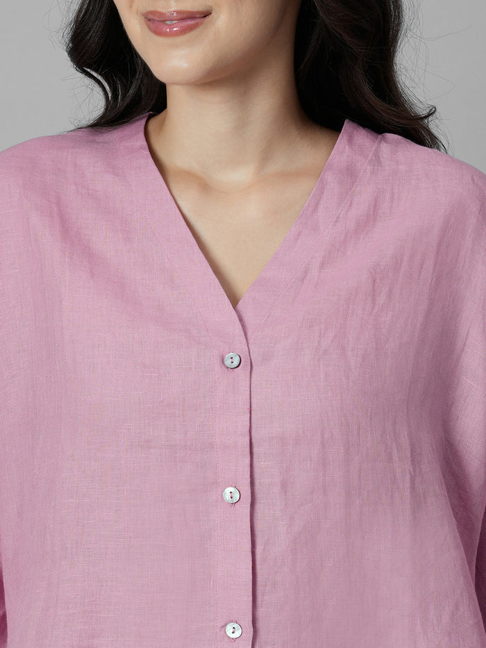Women's Pink 100% Linen Regular Fit Blouse