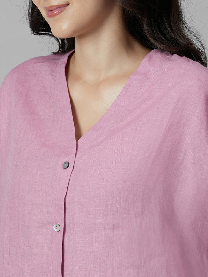 Women's Pink 100% Linen Regular Fit Blouse