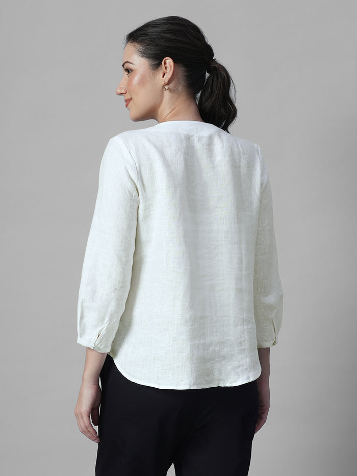 Women's White 100% Linen Regular Fit Blouse