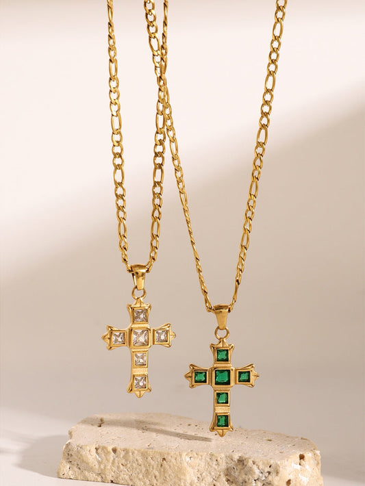 Trendsi zircon cross pendant for women with gold chain featuring clear and green gemstone designs