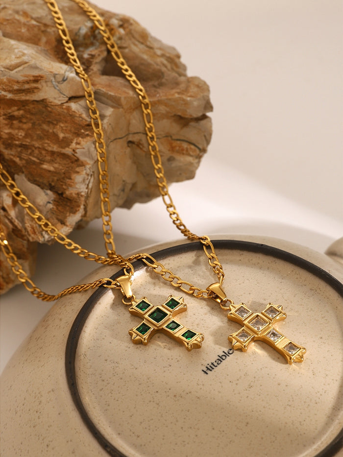 Trendsi gold zircon cross pendant for women with green and clear stones on delicate chains