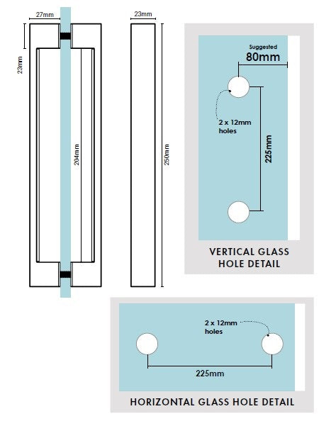 Zurich Square D handle - 250mm long, Shower Screen D Handle - Satin Chrome - Image 2
